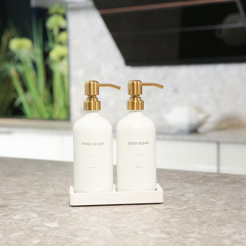 Prus Waso Gold Soap Dispenser Set, Glass Soap Dispenser with Stainless Steel Pump, Perfect for Modern Kitchen Counter Decor. (Gold) - Image 3